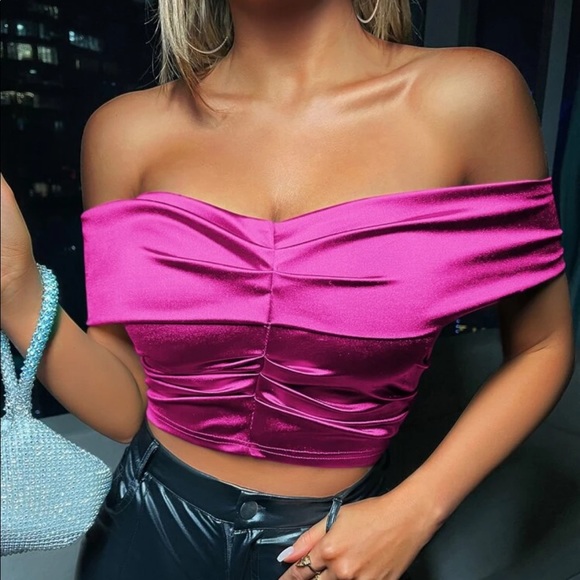 Pink glamorous off shoulder satin top - Picture 7 of 16